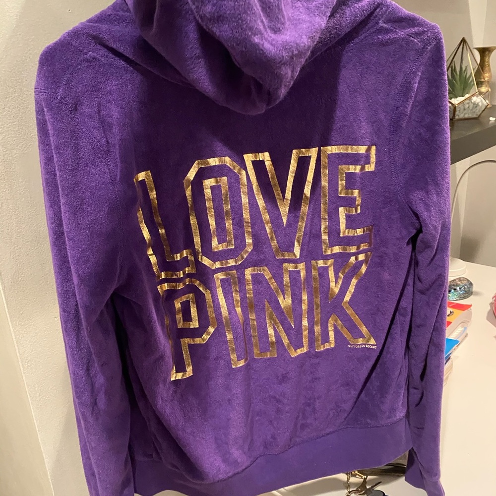 VS LOVE PINK Terry Gold Logo Zip Hoodie